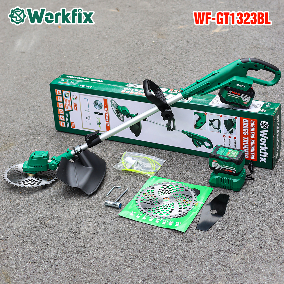 Máy cắt cỏ pin WORKFIX WF-GT1323BL, Tặng 3 lưỡi cắt, động cơ 100% lõi đồng, dài 130cm, lưỡi 250mm