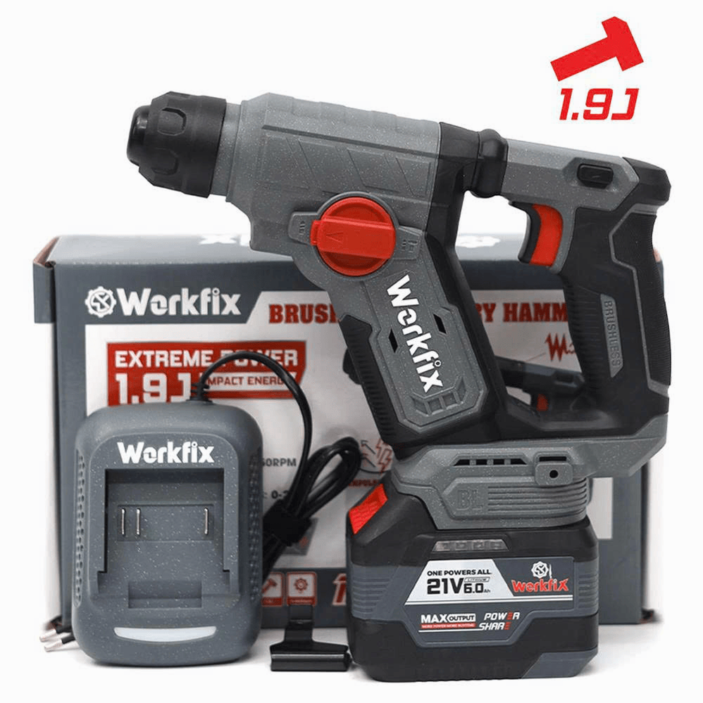 Máy khoan bê tông Workfix WF-RH1902BL, lực đập 1.9J, tạo xung giảm chấn AVS, máy khoan 2 chức năng