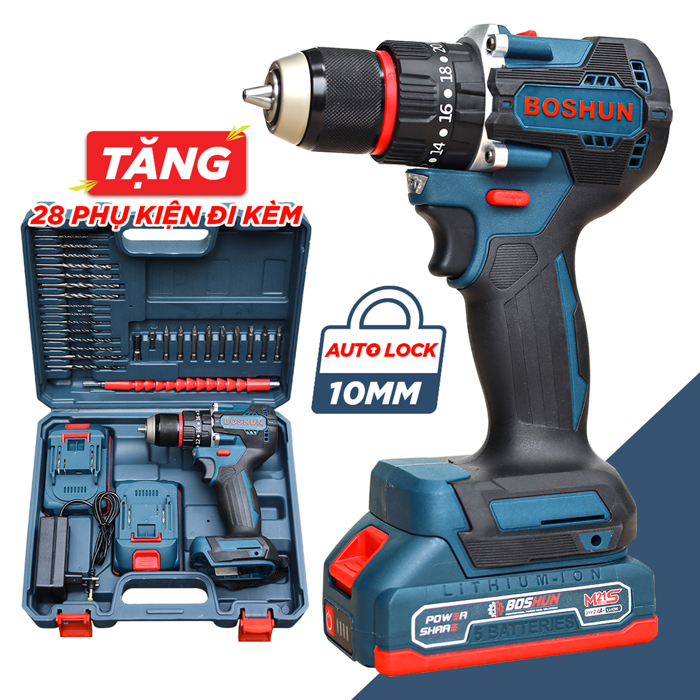 Máy Khoan Pin Boshun BS-ID1065BL 21V Không Chổi Than - Đầu Kẹp 10mm Kèm 2 Pin 2.0Ah