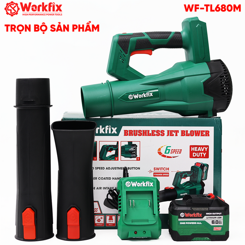 Máy thổi bụi pin, thổi lá Workfix WF-TL680M, không chổi than, 6 cấp độ gió