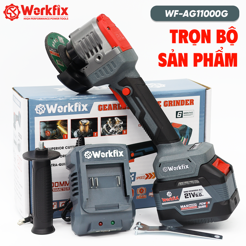 Máy Mài Workfix WF-AG11000G động cơ không bánh răng, trục M10, 3 tốc độ, chống lật cổ tay, rơi tự ngắt