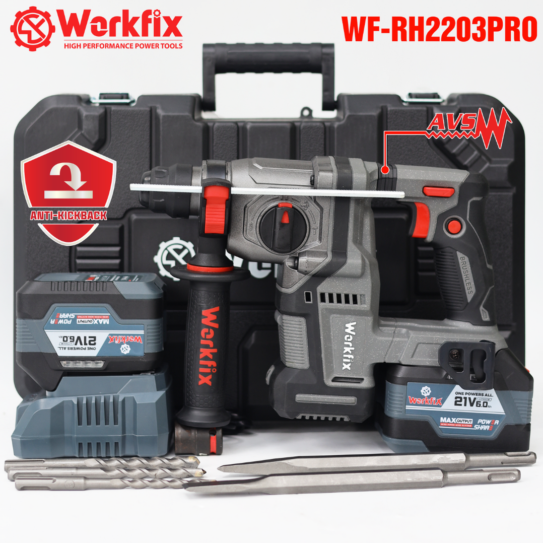 Máy khoan bê tông Workfix WF-RH2203PRO, khoan chống rung AVS, chống lật cổ tay Antikickback
