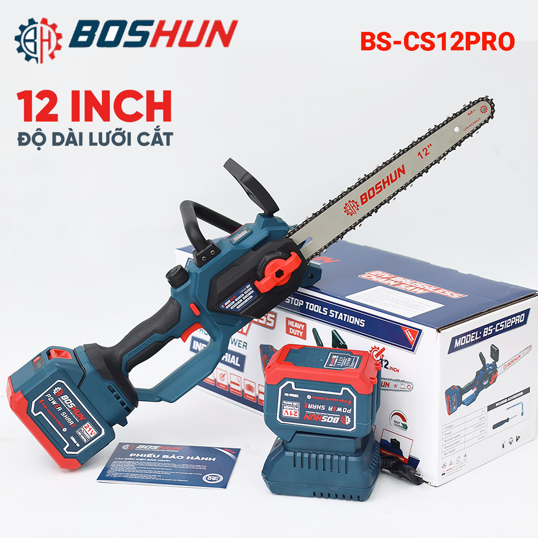 Máy cưa cầm tay 12 inch Boshun BS-CS12PRO, màn hình led hiện đại, pin 15 cell, không chổi than