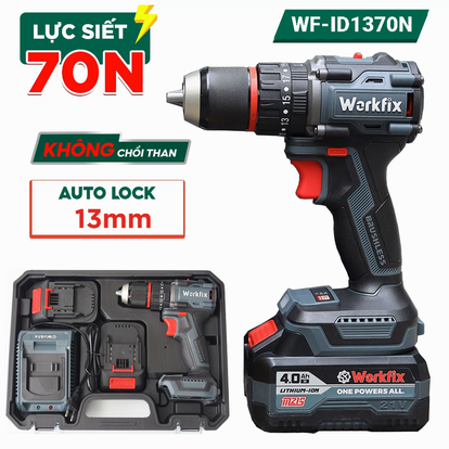 Máy khoan pin 13mm Workfix WF-ID1370N Lực siết 70N.m Autolock, bộ 2 Pin 10Cell