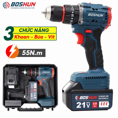 Máy khoan pin Boshun BS-ID2110BL, lực siết 55 N.m, 3 chức năng, đầu kẹp autolock 10mm