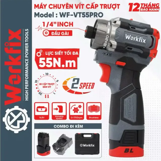 Máy chuyên vít cấp trượt Workfix WF-VT55PRO lực 55N, đầu gài vít 1/4 inch