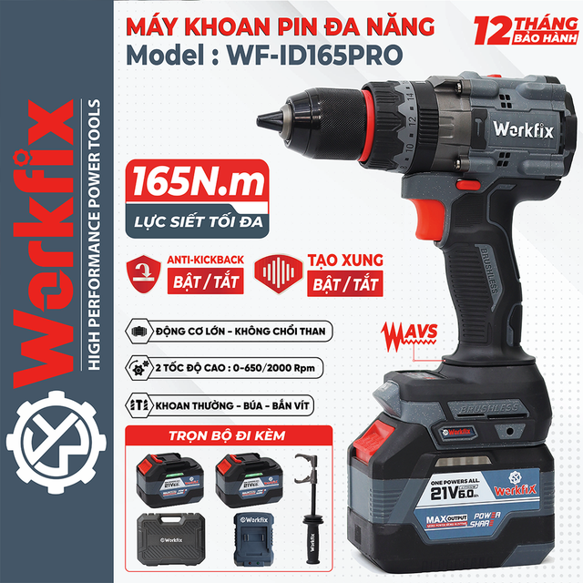Máy khoan pin Workfix WF-ID165PRO, lực 165N, chống lật cổ tay, giảm chấn AVS