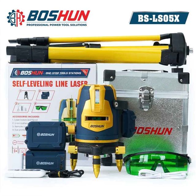 Máy cân bằng Laser 5 tia xanh, Xoay 360 độ, Điều khiển từ xa bằng Bluetooth, Boshun BS-LS05X