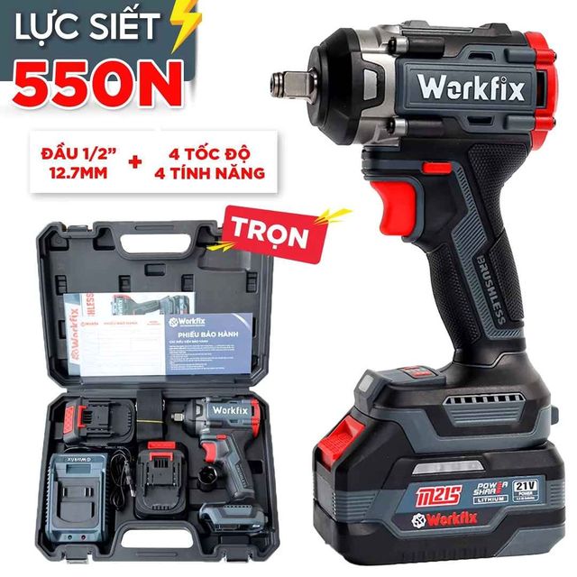 Máy siết bulong Workfix WF-IW550PRO, đầu 2 trong 1, lực siết 550N.m, mở vặn ốc xe tải, ô tô, xe máy