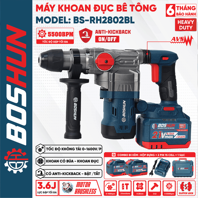 Máy khoan bê tông BOSHUN BS-RH2802BL, khoan chống rung AVS , chống lật cổ tay Antikickback