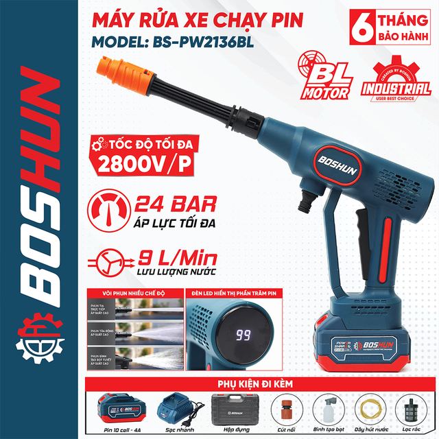 Máy rửa xe pin Boshun BS-PW2136BL, không chổi than, áp suất cực đại 24 bar, 2 pin 10 cell