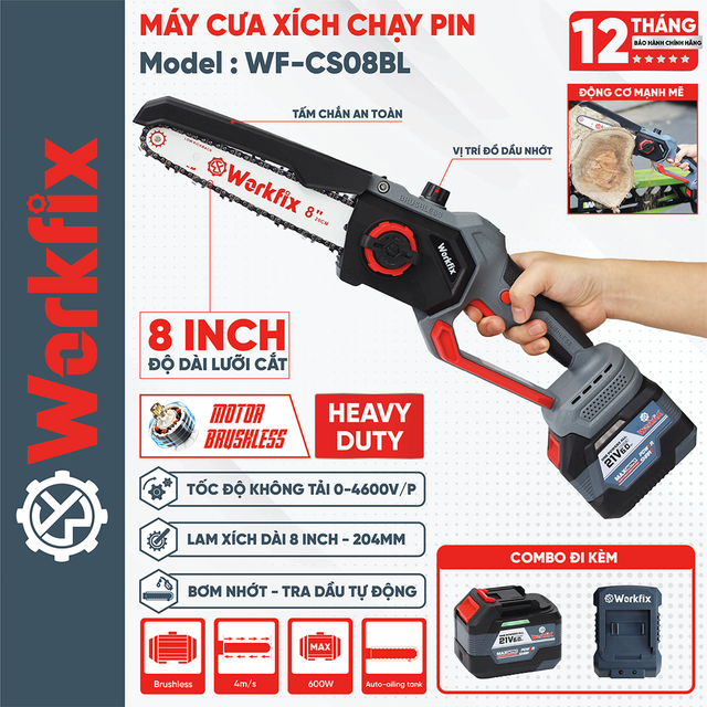 Máy cưa xích pin 8inch WORKFIX WF-CS08BL, Tra Nhớt Tự Động, không chổi than